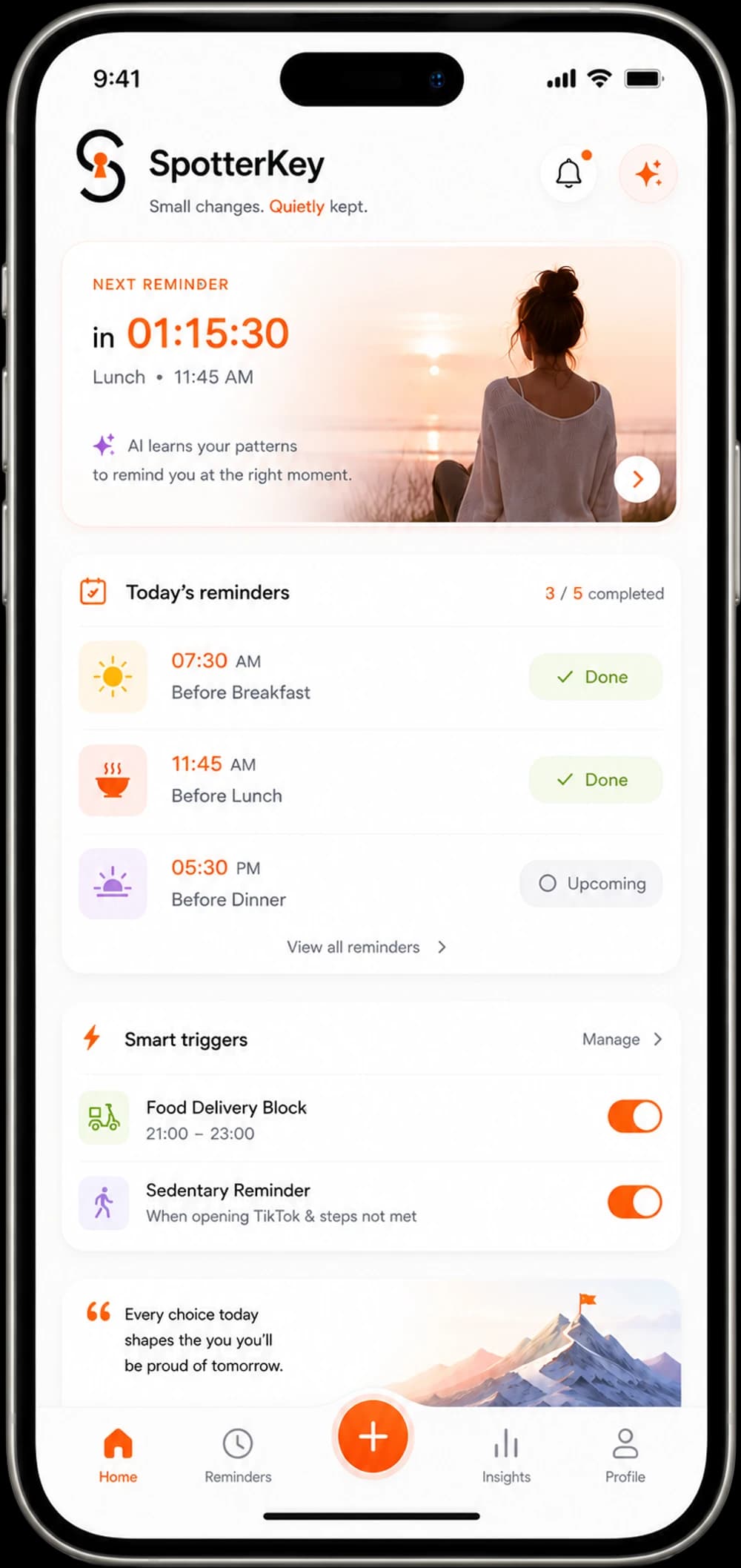 The SpotterKey home screen: the next reminder counting down, today's reminders before breakfast, lunch and dinner, and smart triggers for food delivery and sedentary time.